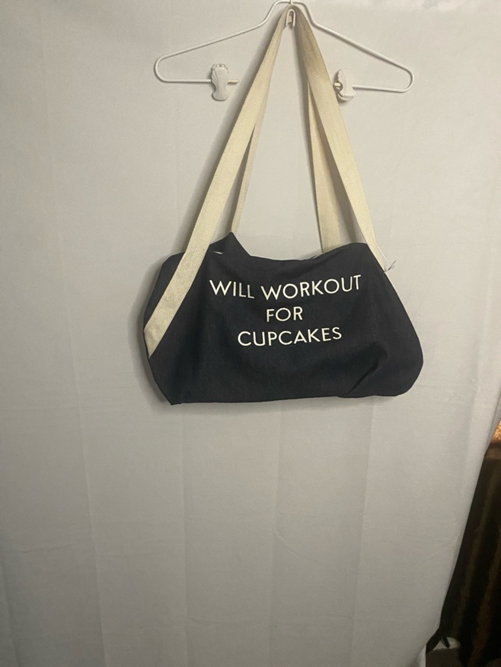 Navy Canvas Tote Bag with 'Will Workout for Cupcakes' Print